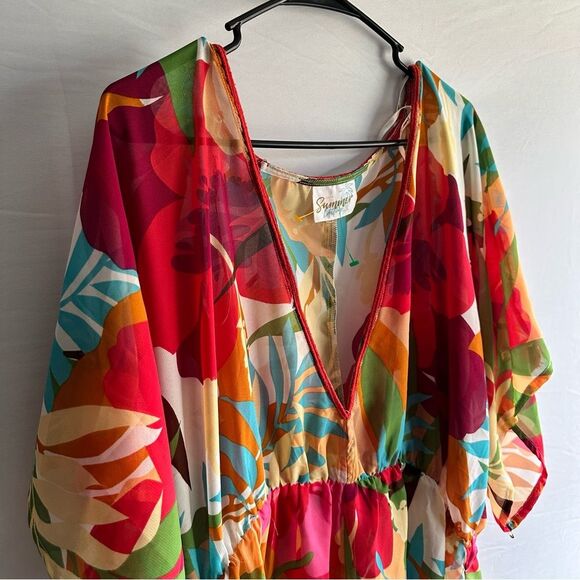 TROPICAL MULTI-COLOR COVER-UP DRESS W/ HIGH FRONT SPLIT - Picture 2 of 4